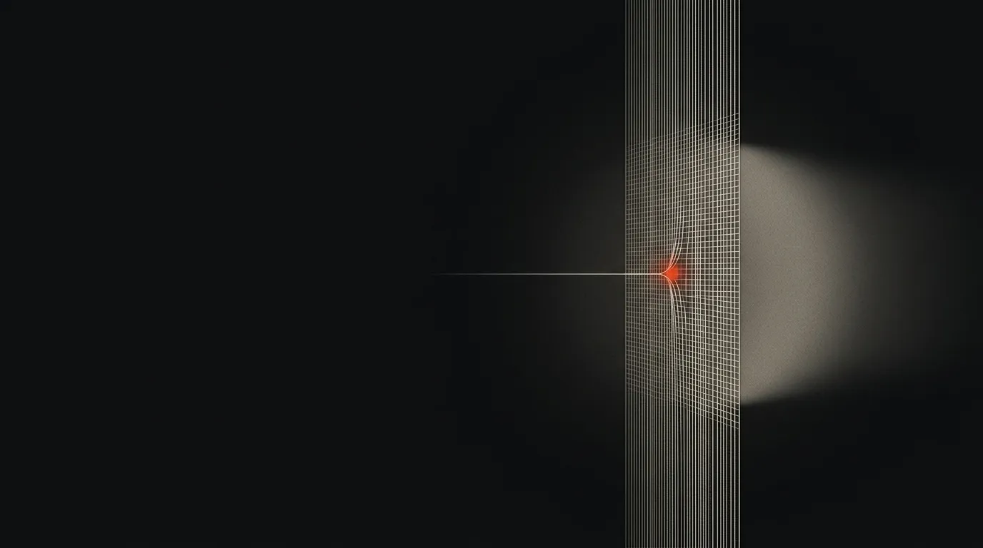 Eine feine senkrechte Filter-Membran, hinter der Licht hindurch diffundiert; ein einzelner Lichtfaden wird an genau einer Stelle festgehalten und glüht dort vermilion.
