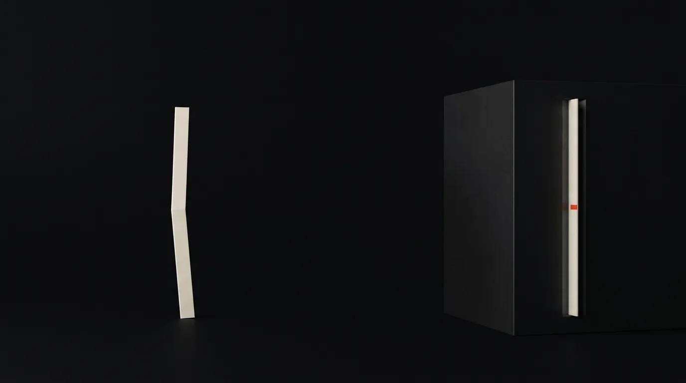 Links steht frei auf dem Boden eine schlanke senkrechte Lamelle aus Bone mit einem einzigen weichen Knick, rechts ein massiver dunkler Block in Schrägansicht. In einer schmalen senkrechten Nut seiner rechten Seitenfläche steckt eine zweite, diesmal gerade Lamelle, die dort hell ausgeleuchtet ist; auf halber Höhe sitzt darauf ein kleines vermilionfarbenes Quadrat.