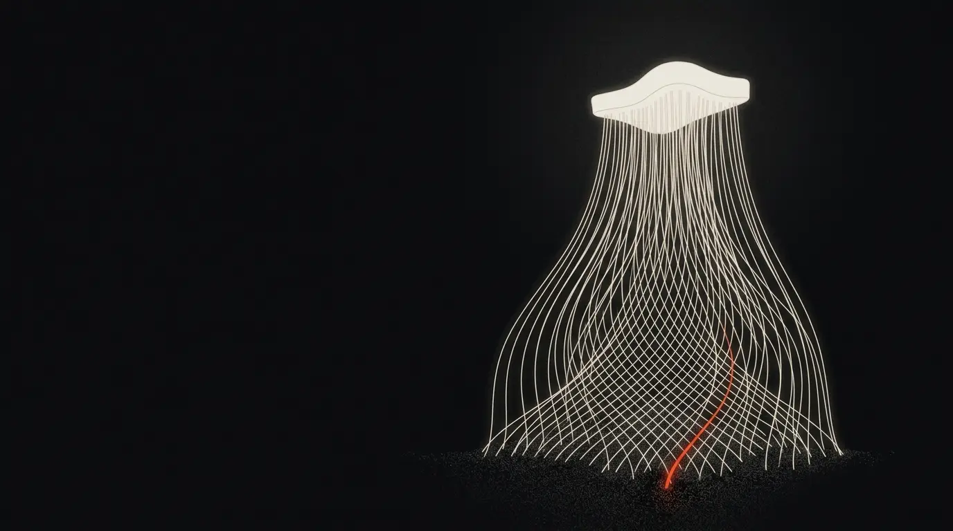 Eine kleine, leichte Lichtform schwebt oben; aus ihr wachsen unzählige haarfeine helle Fäden nach unten und verweben sich dicht in ein dunkles Substrat. Genau ein Faden glüht vermilion, dort wo er unlösbar mit dem Grund verschmilzt.
