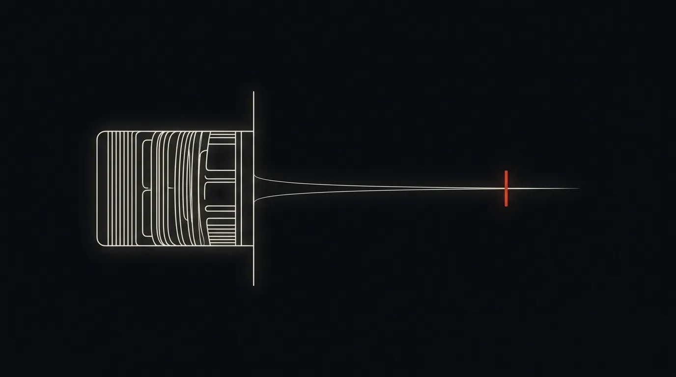 On the left, in deep ink-black, stands a compact block of many fine, layered bone-colored lines. A vertical line cuts it off on the right; beyond it everything tapers into a hair-fine horizontal thread running right and fading away with no visible end. Far past the cut, a short vermilion stroke sits across it.