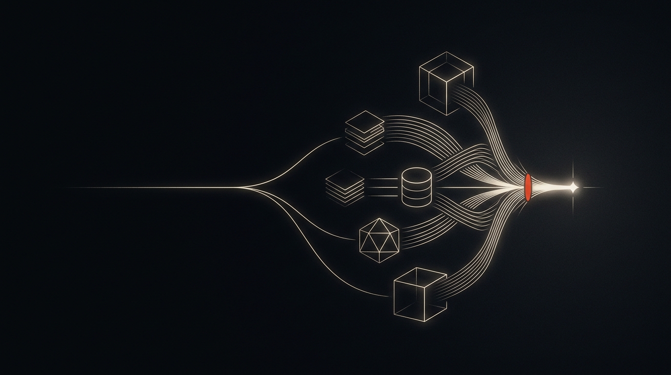 Vom einzelnen Prompt zum orchestrierten Kontext-Netz: ein Lichtfaden verzweigt sich zu einem Versorgungsnetz aus Daten, Tools und Memory.