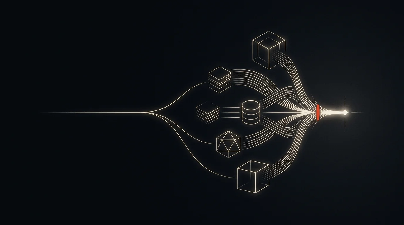 Vom einzelnen Prompt zum orchestrierten Kontext-Netz: ein Lichtfaden verzweigt sich zu einem Versorgungsnetz aus Daten, Tools und Memory.